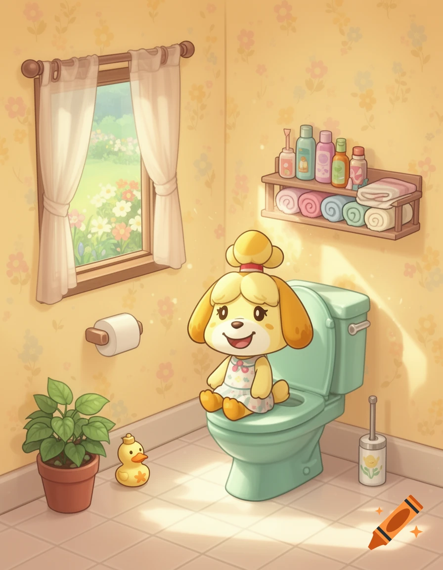 Cartoon Isabelle from Animal Crossing sits on a light green toilet in a bright, flower-patterned bathroom.