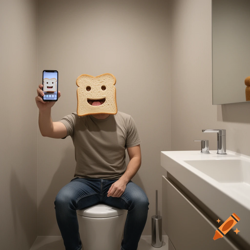 A man with a bread slice for a face sits on a toilet and takes a selfie in a modern bathroom.
