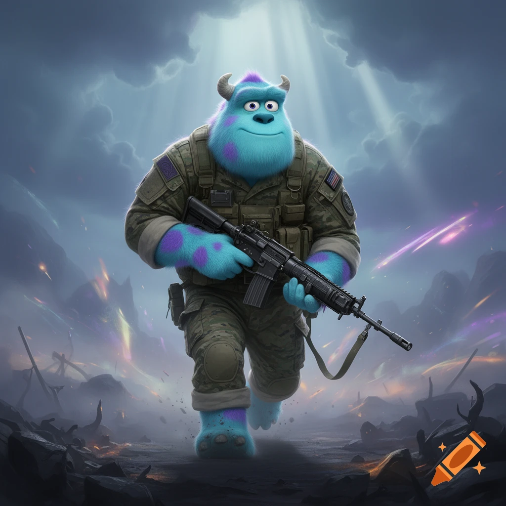 Sully from Monsters Inc. in military uniform, holding a machine gun, walks through a smoky battlefield under a dramatic sky.