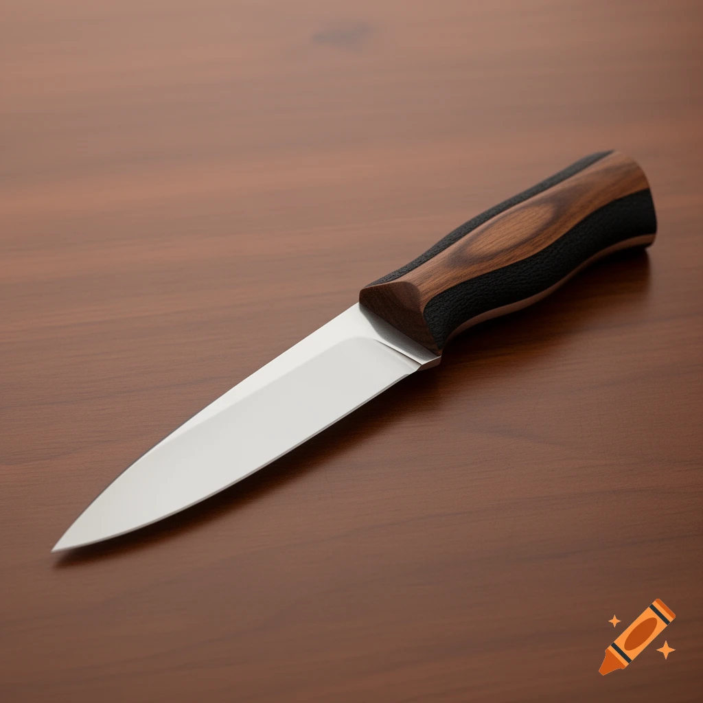 A photorealistic image of a sharp knife with a silver blade, wooden handle, and black textured grip, lying diagonally on a polished brown wooden table.