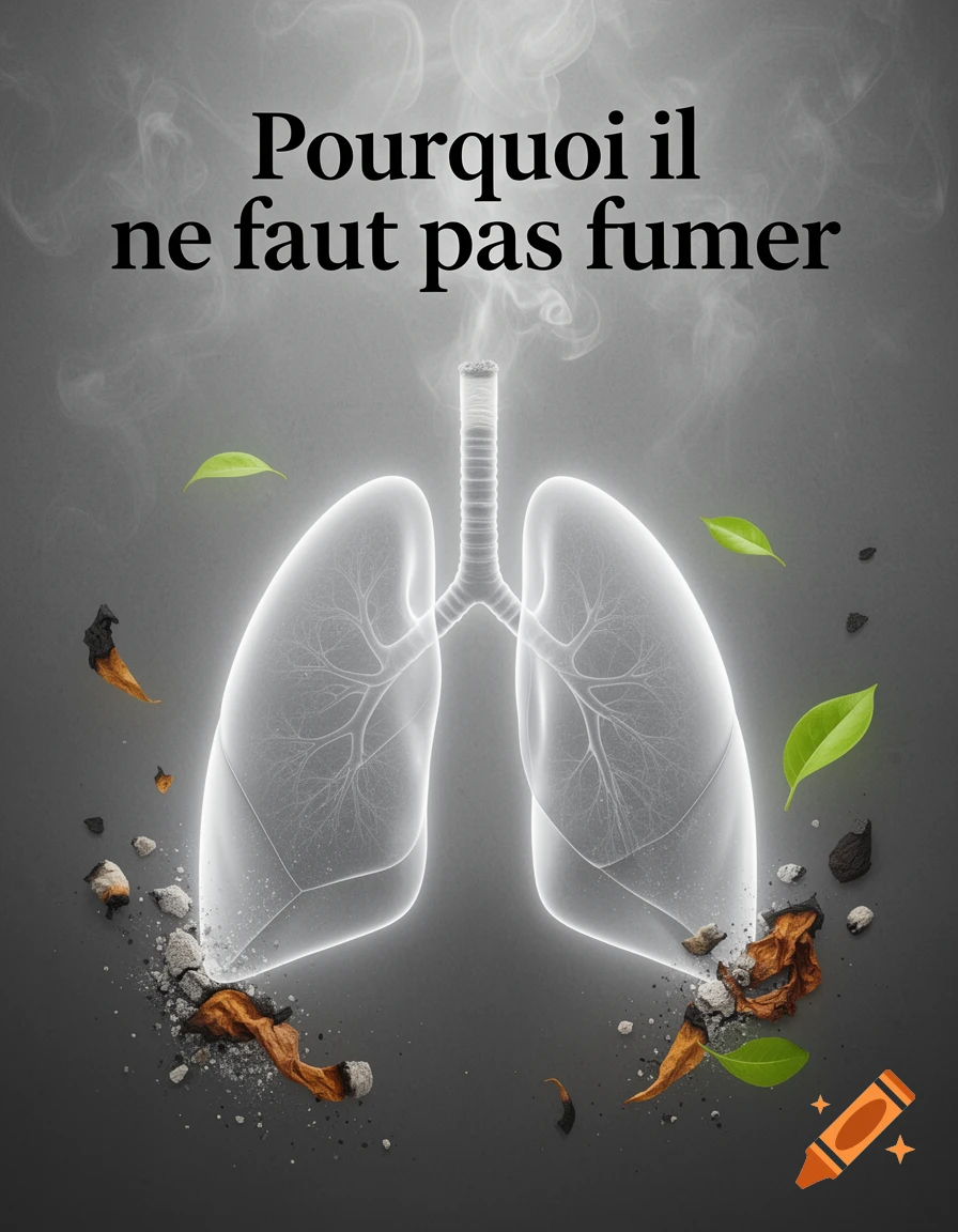 Stylized glowing lungs surrounded by smoke, green leaves, and burnt ash, with the French text 'Pourquoi il ne faut pas fumer'.