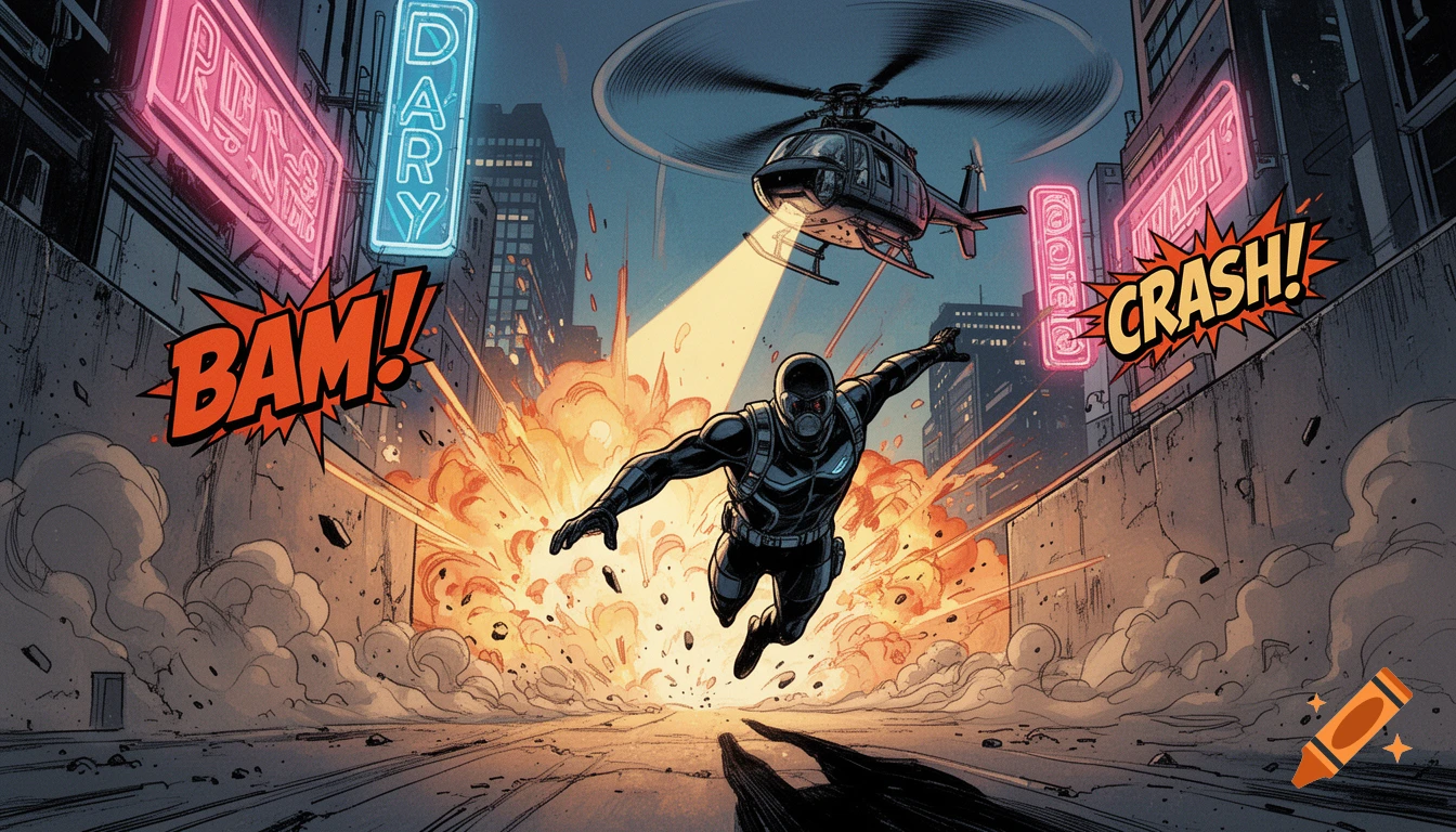 A comic book style action scene with a person in a black suit flying away from an explosion as a helicopter shines a spotlight down, with "BAM!" and "CRASH!" sound effects.