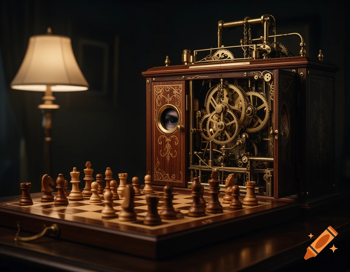 A dark image of a chess board with pieces set up, next to a detailed wooden steampunk machine with visible brass gears and a human eye peering from a circular opening.