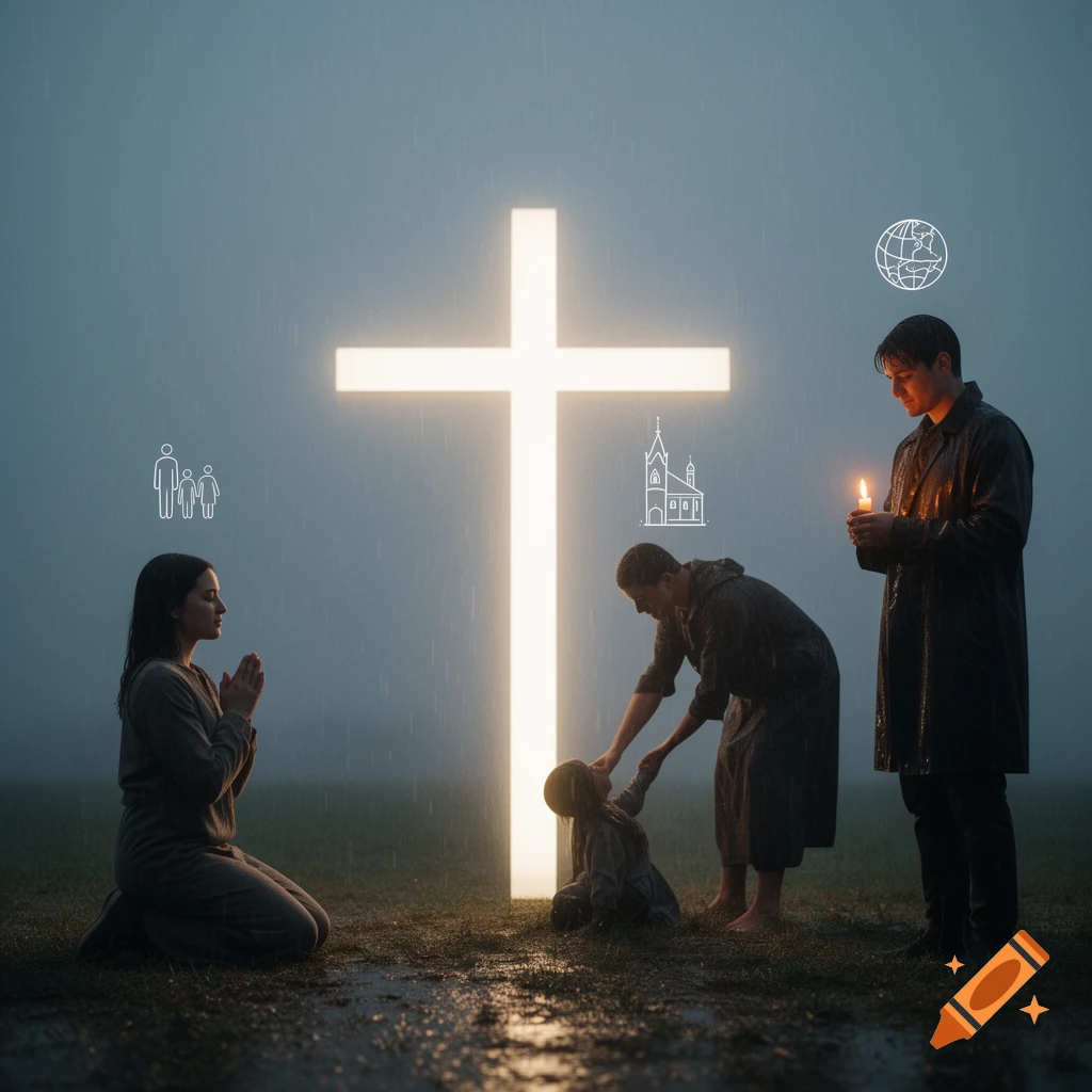 A glowing cross illuminates three people in the rain: one kneels praying, another helps a child, and a man stands holding a lit candle, with symbolic icons overhead.