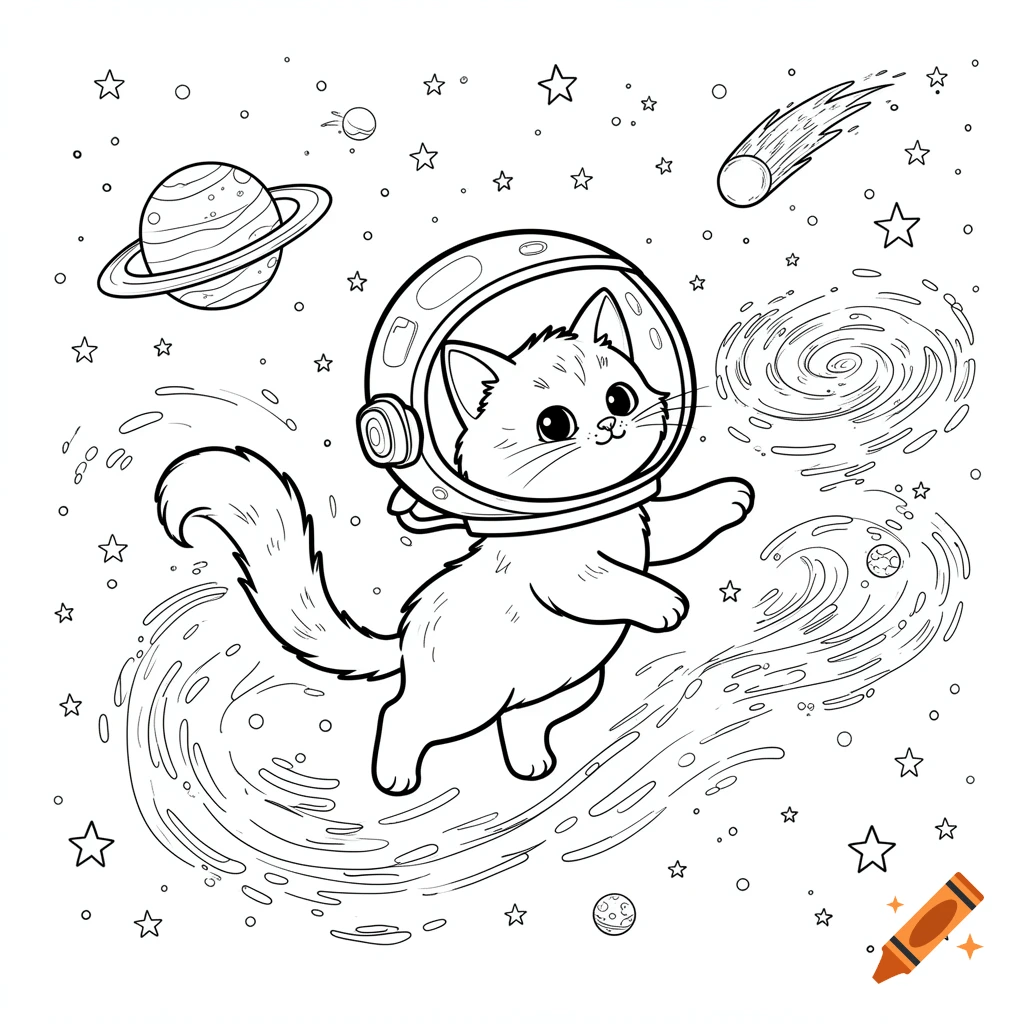 Black and white cartoon cat in an astronaut helmet floating in space among stars, planets, and a comet, in a coloring book style.