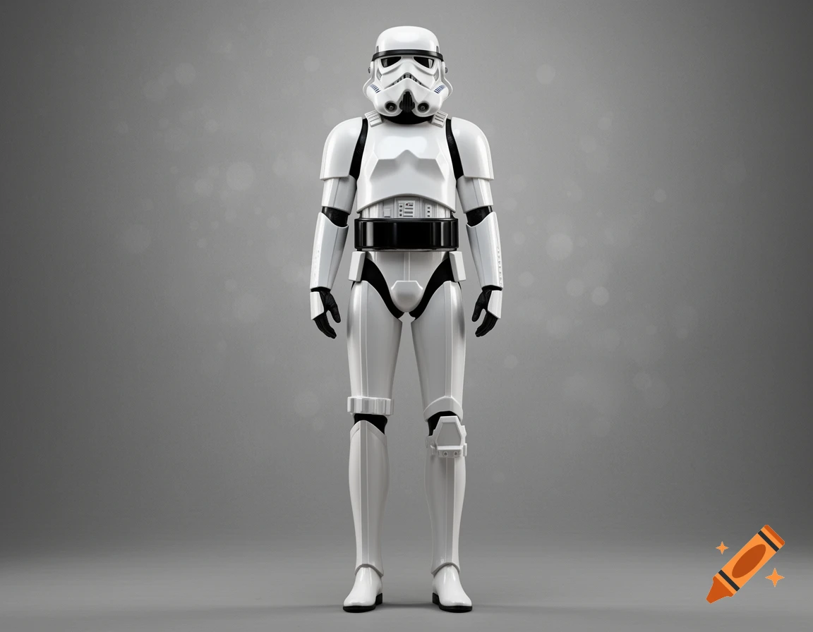 A full-body shot of a Stormtrooper in white armor standing against a plain grey background.