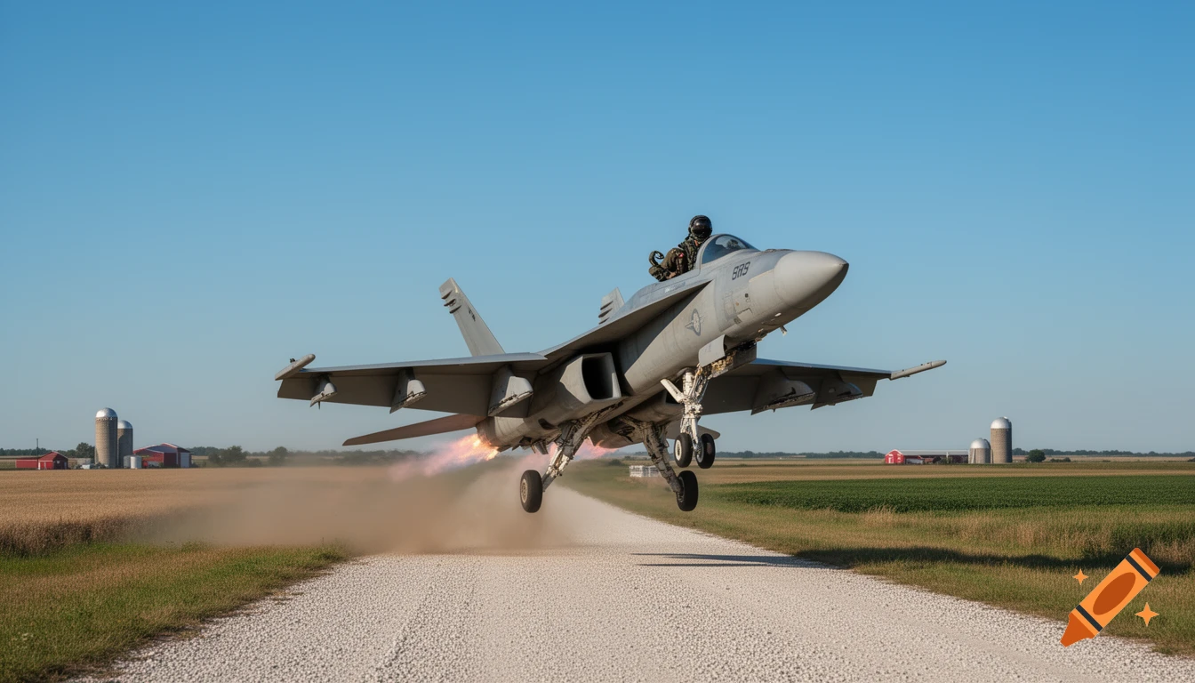 A grey FA-18 fighter jet with an exposed cockpit and pilot takes off from a gravel road in a rural landscape, exhaust flaming.