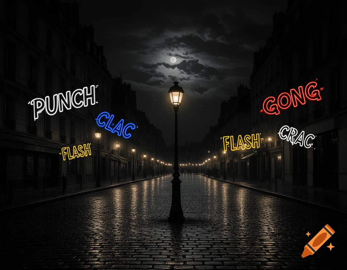 A dark, wet, cobblestone Parisian street at night, with a lamppost and glowing neon words like 'PUNCH', 'CLAC', 'FLASH', 'GONG', 'CRAC' over buildings.