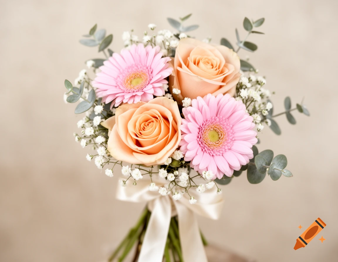 A small bouquet featuring light apricot roses, pink gerberas, baby's breath, and eucalyptus, tied with a cream ribbon.