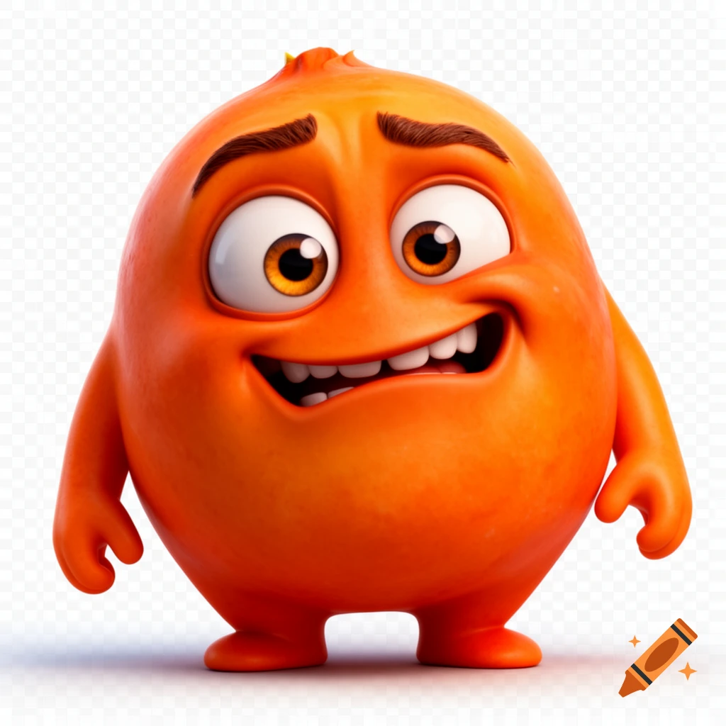A 3D cartoon orange character with a sarcastic, funny expression, big eyes, and brown eyebrows, on a transparent background.