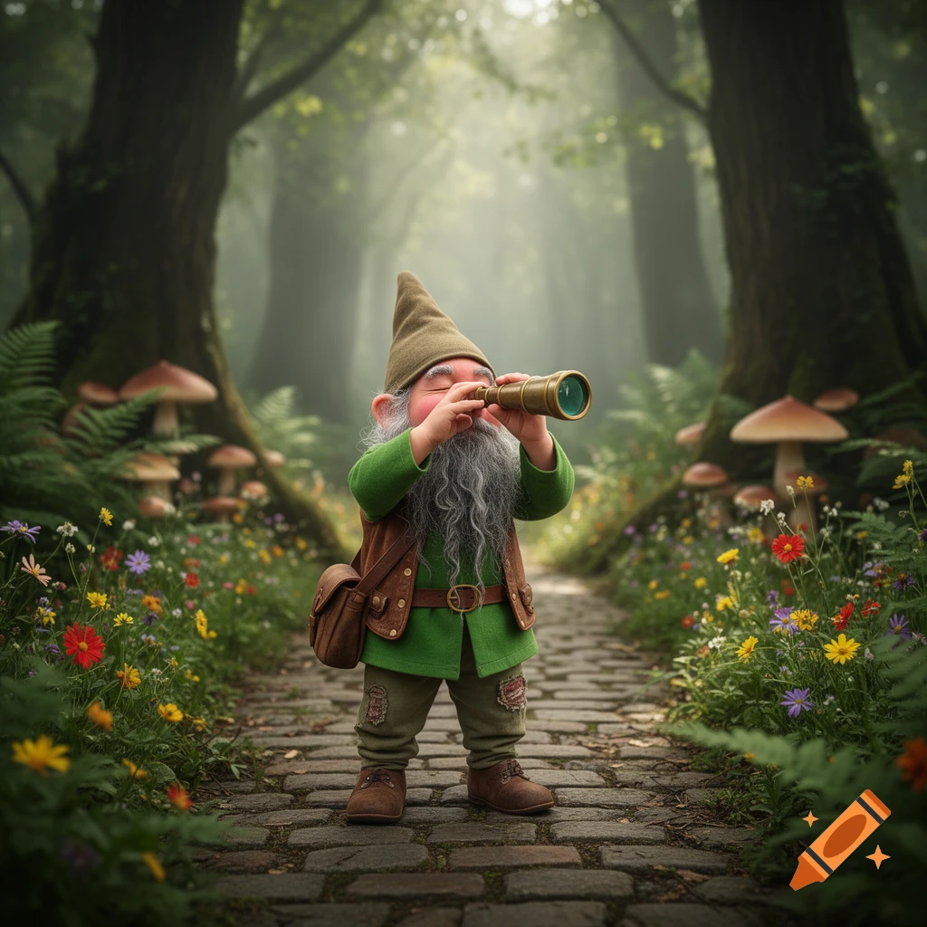 A cute gnome with a long gray beard stands on a cobblestone path in a misty forest, looking through a brass spyglass.