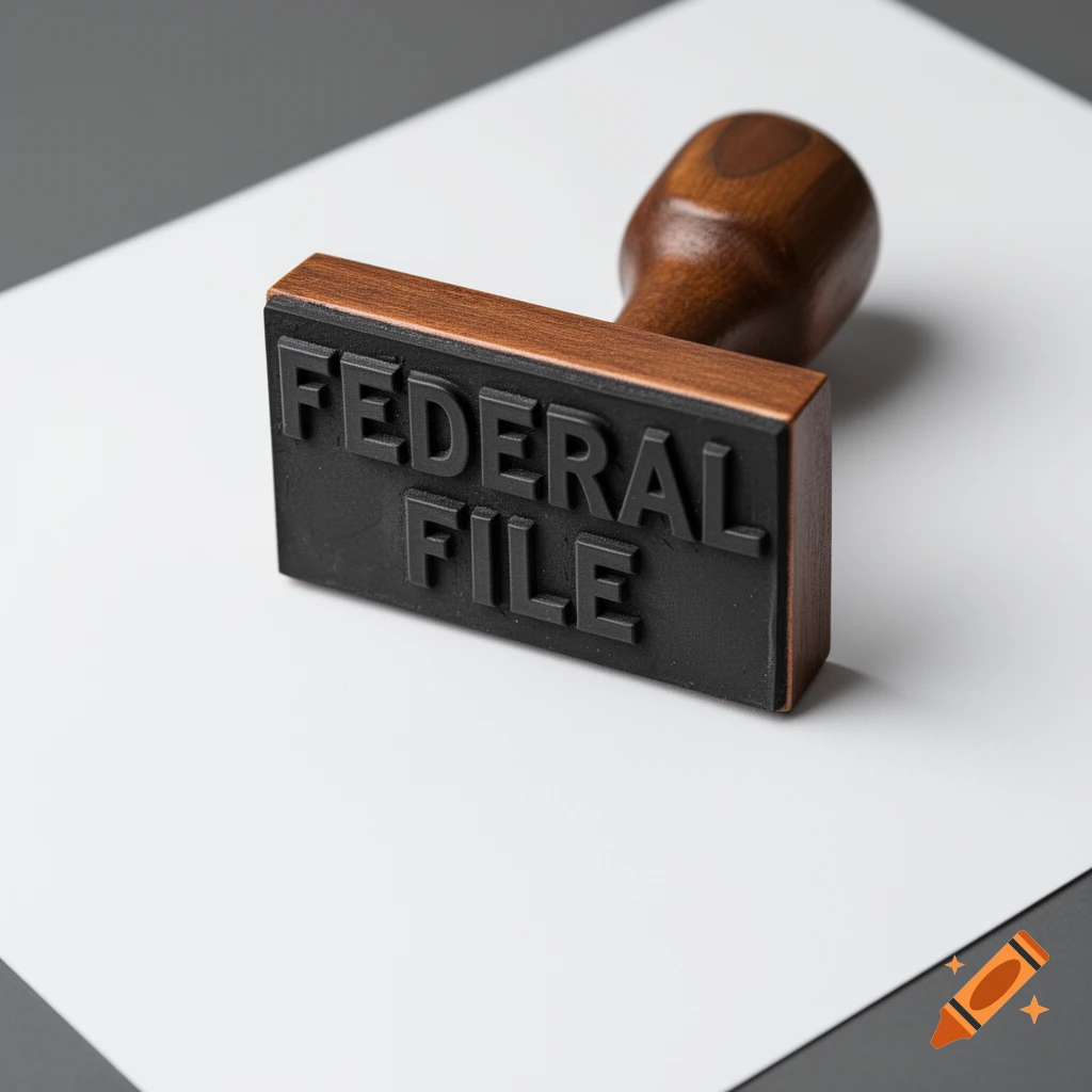 A close-up, photorealistic image of a wooden-handled rubber stamp with the words "FEDERAL FILE" embossed on its black rubber base, resting on a sheet of white paper.