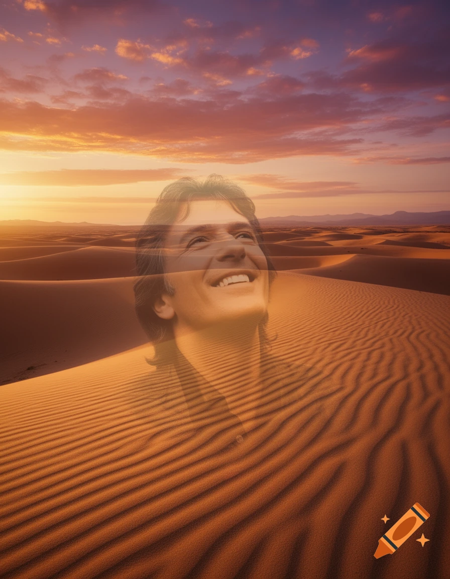 A smiling man's translucent face is superimposed over a desert landscape with dunes and a vibrant sunset sky.