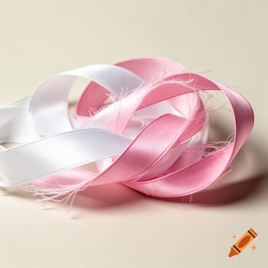 A tangled pile of white and pink satin ribbons on a light background.