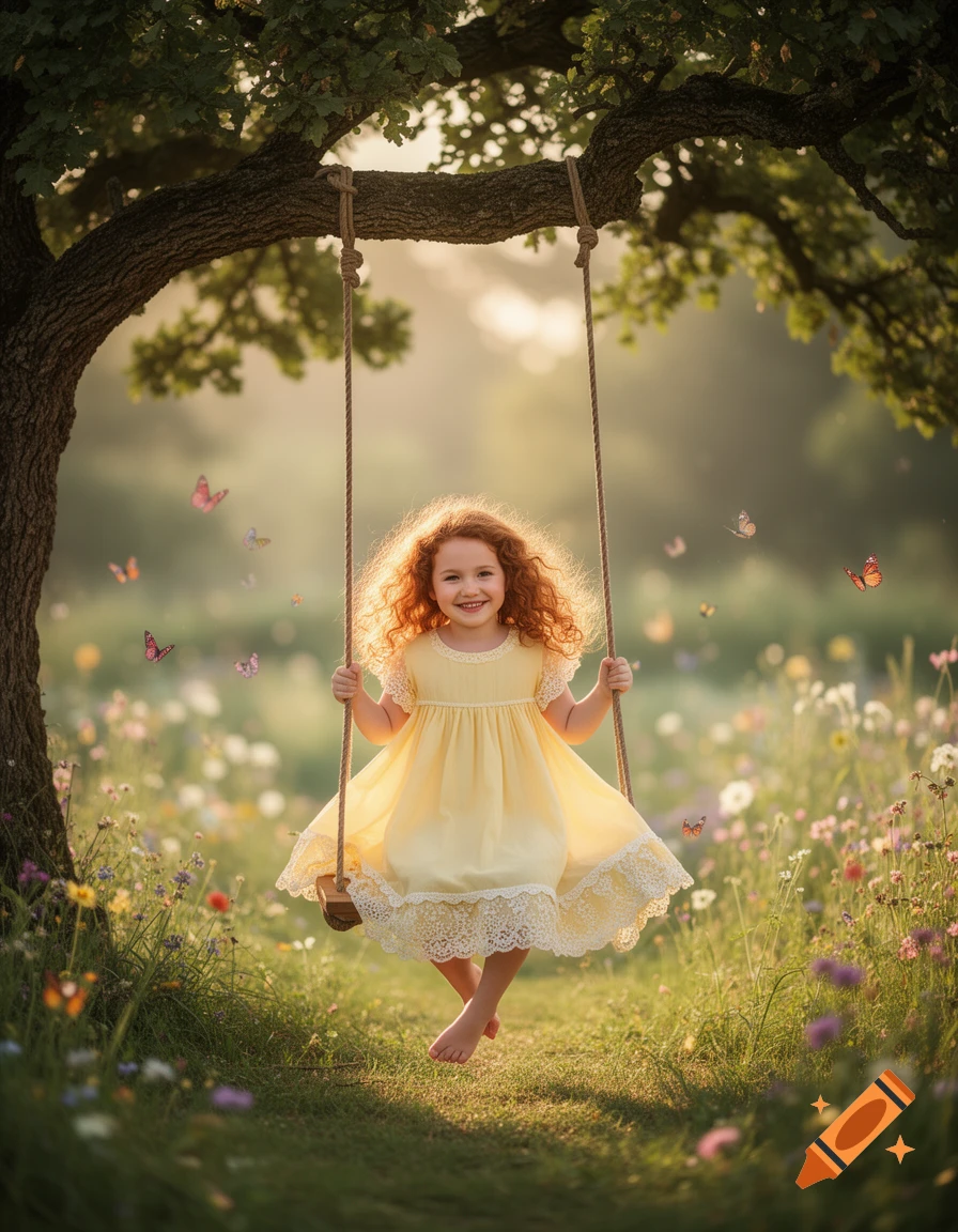 A smiling little girl with red hair swings under a large tree in a sunny field of wildflowers with butterflies.