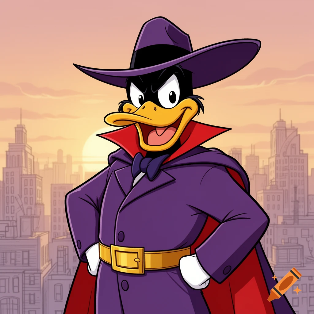 Darkwing Duck in a purple trench coat, fedora, and red-lined cape stands confidently with hands on hips against a city skyline at sunset.