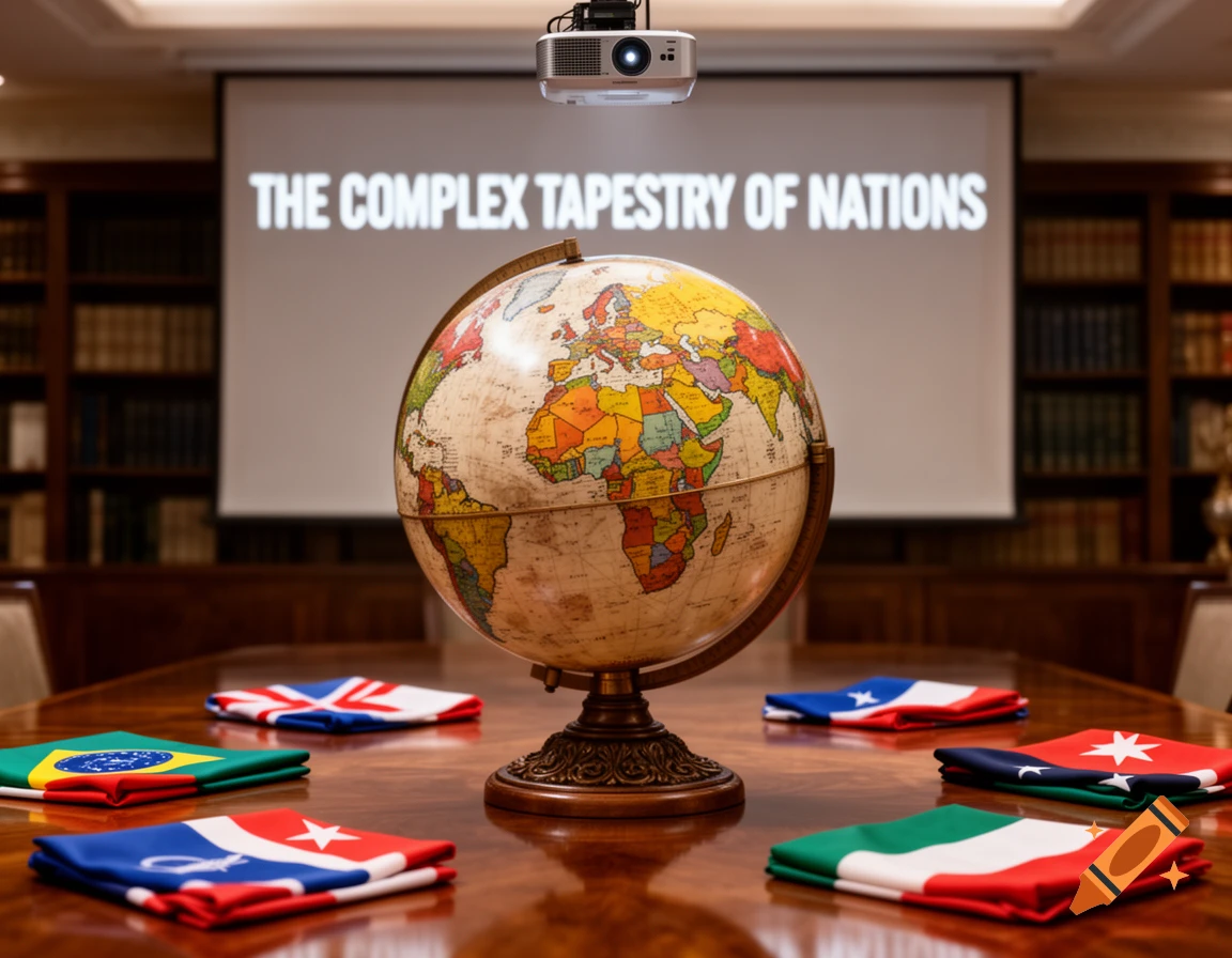A globe surrounded by folded national flags on a table, with a projector screen displaying 'THE COMPLEX TAPESTRY OF NATIONS' in a conference room.