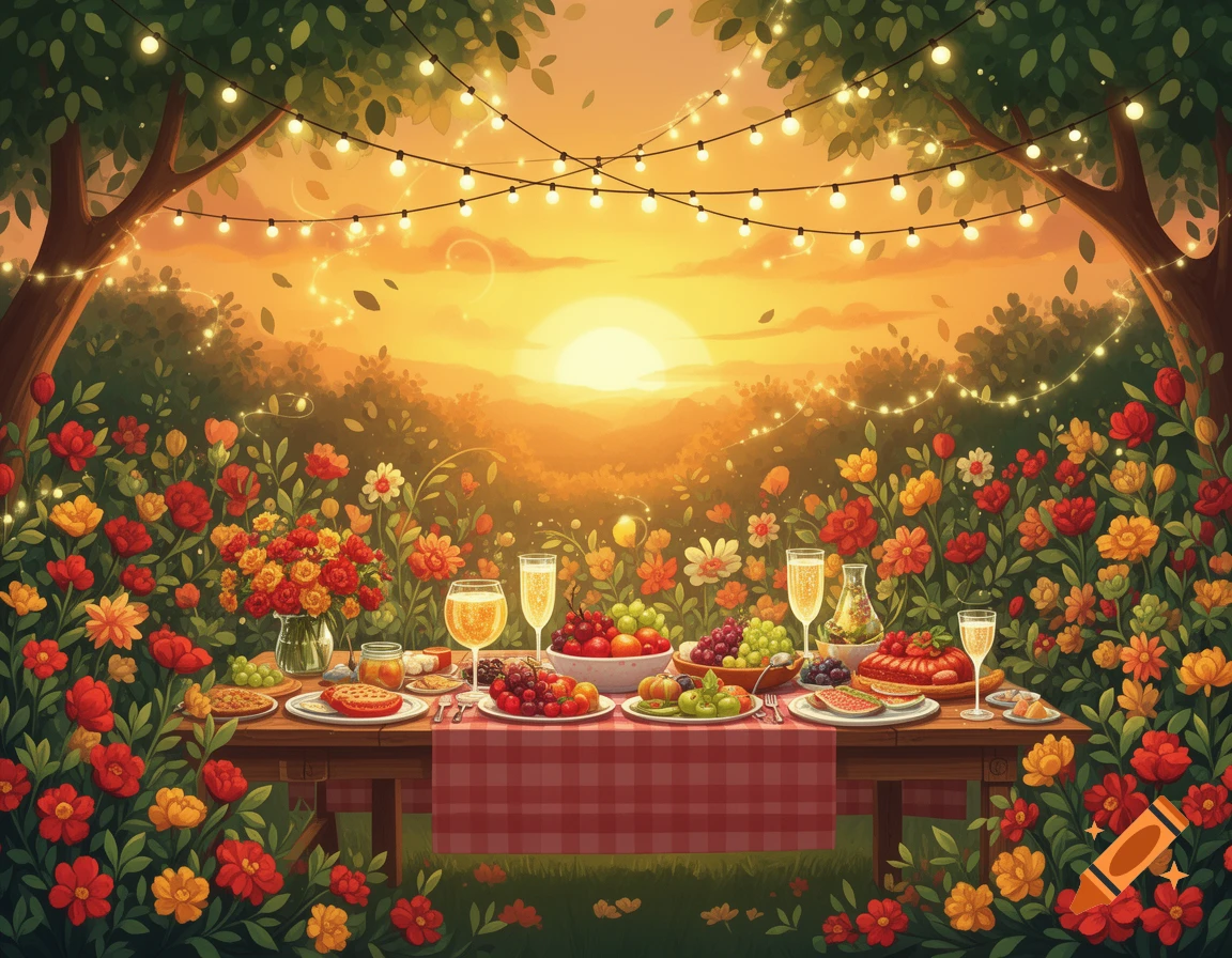 Animated garden party at sunset with a table full of fruits, pastries, and drinks, surrounded by colorful flowers and string lights.