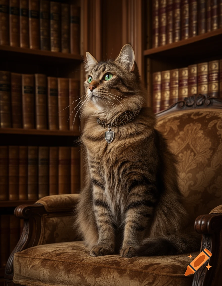 A regal tabby cat with green eyes and an ornate collar sits on a velvet armchair in a dimly lit library, photorealistic.