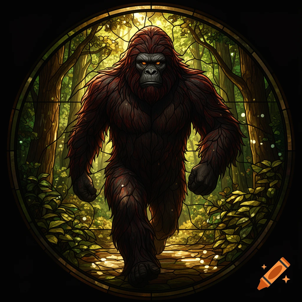 A formidable Sasquatch with red-brown hair and amber eyes walks through a lush forest, depicted in a detailed circular stained glass art style.
