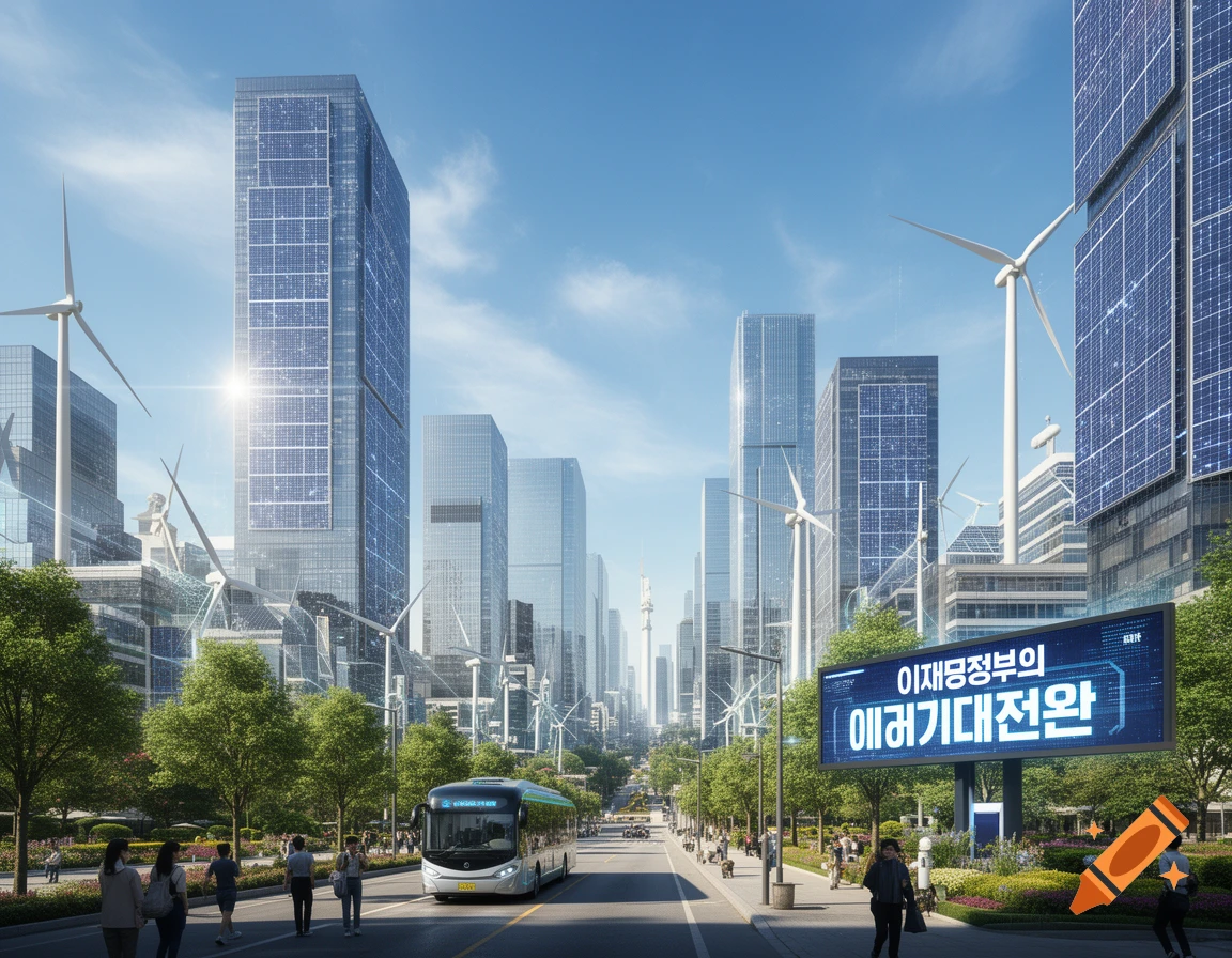 A photorealistic futuristic city with solar panel skyscrapers, wind turbines, a bus, and people on a street with a billboard.
