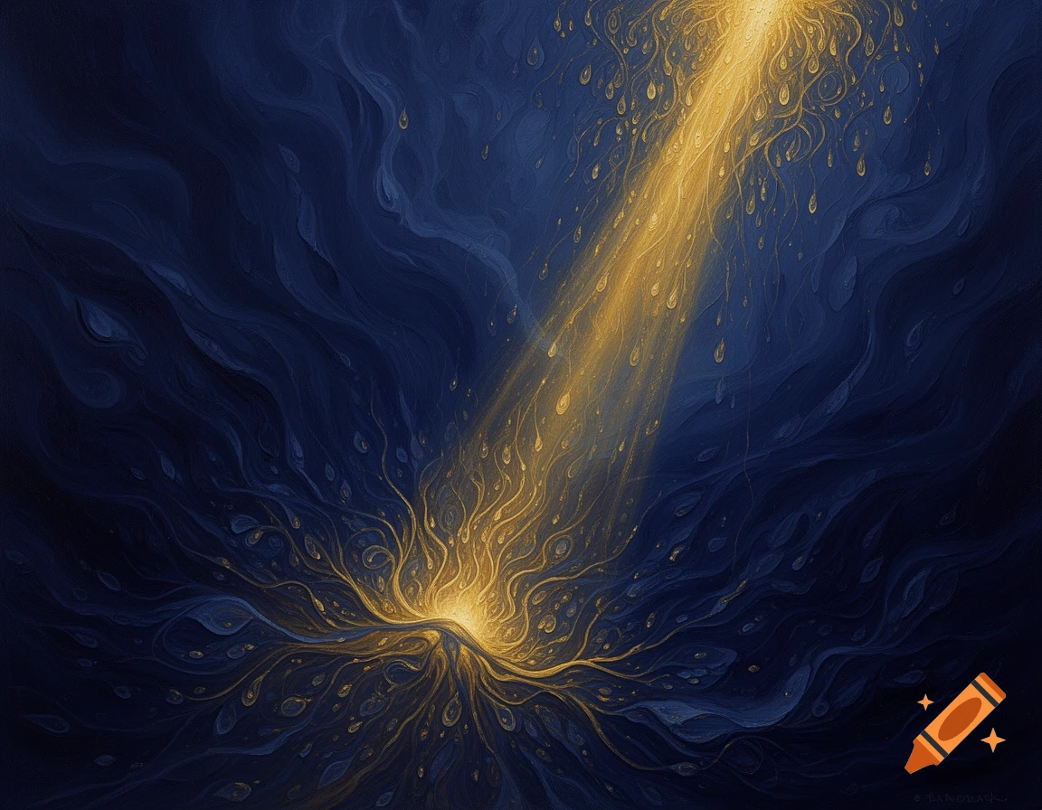 Abstract painting of a golden ray of light illuminating dark blue flowing organic shapes.