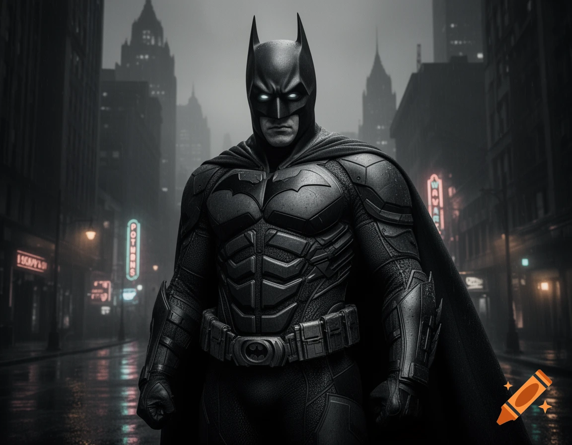Batman in a dark, armored suit with glowing white eyes stands in a rainy, neon-lit city street at night.