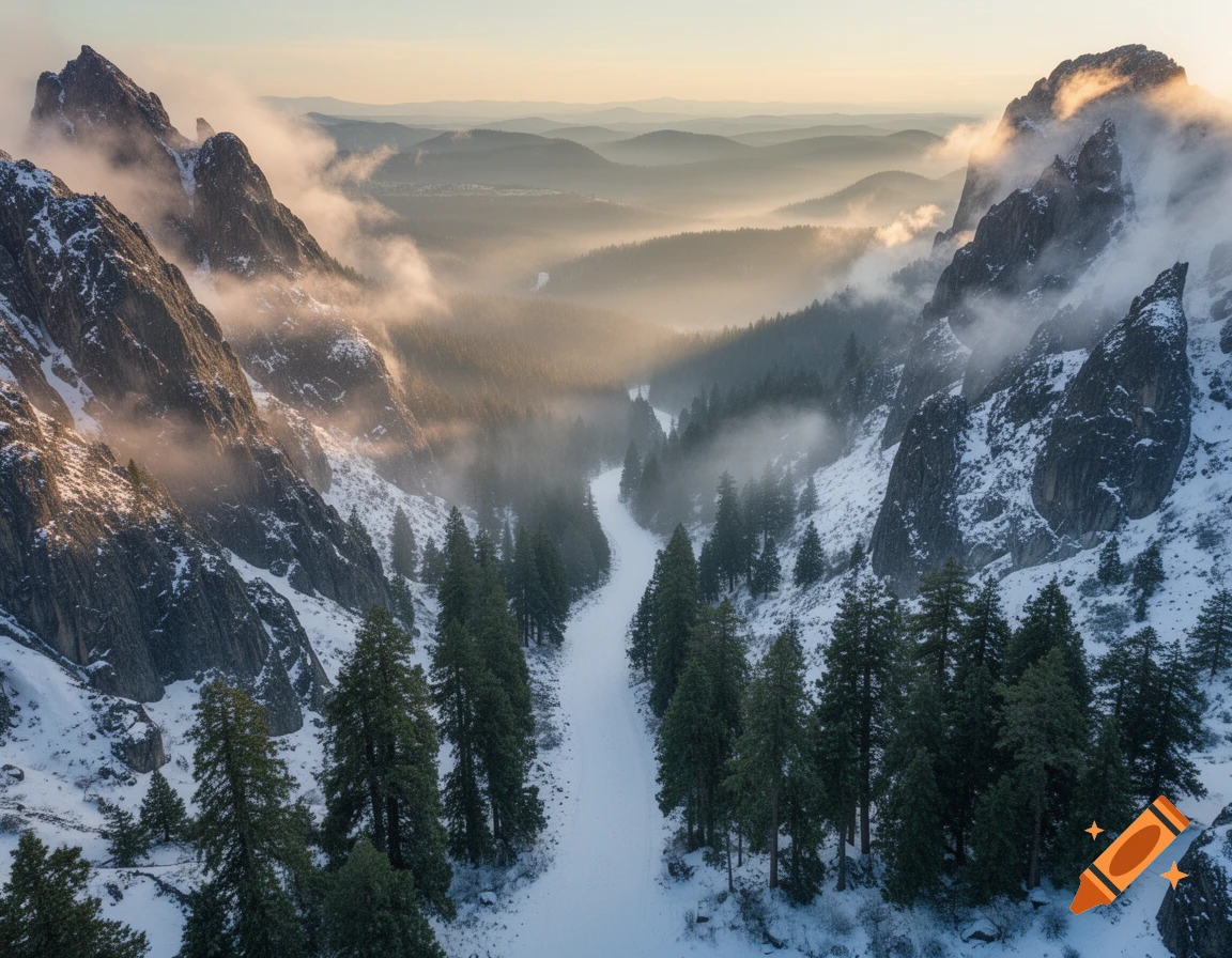 A snow-covered mountain pass with steep, rocky peaks shrouded in mist and evergreen trees under a soft, golden sky, evoking a fantasy aesthetic.