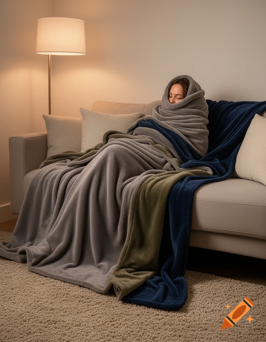 A person tightly wrapped in multiple colorful fleece blankets on a couch in a cozy living room.