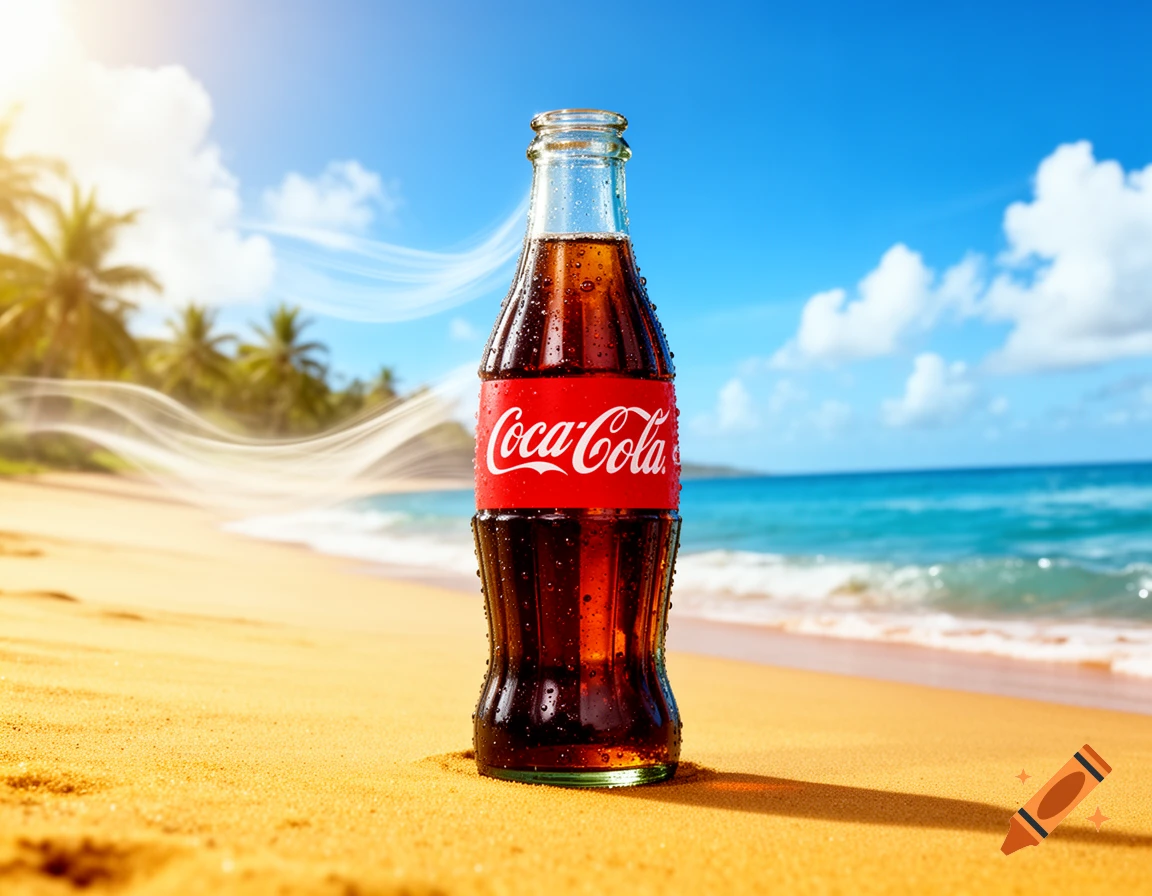 A photorealistic, condensation-covered Coca-Cola bottle sits on a sandy beach with palm trees and a blue ocean under a sunny sky.