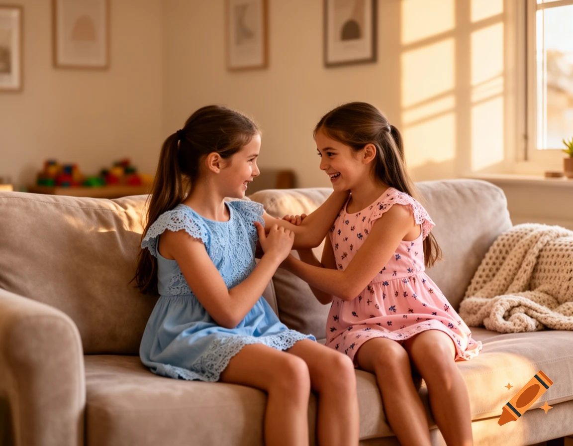 Two smiling young girls in dresses sit on a couch, playfully interacting in a sunlit living room.