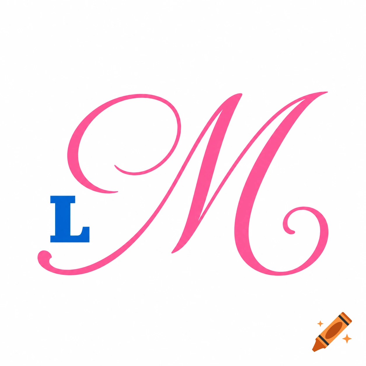A monogram features a small blue block letter L overlapping a large pink cursive letter M on a white background.