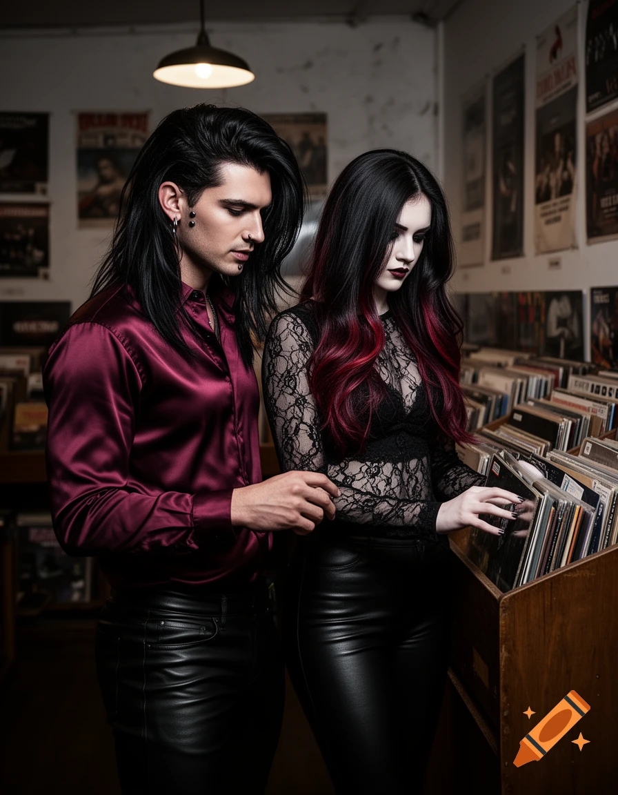 Photorealistic portrait of two goths, a male and female, dressed in dark fashion, looking through records in a music store.