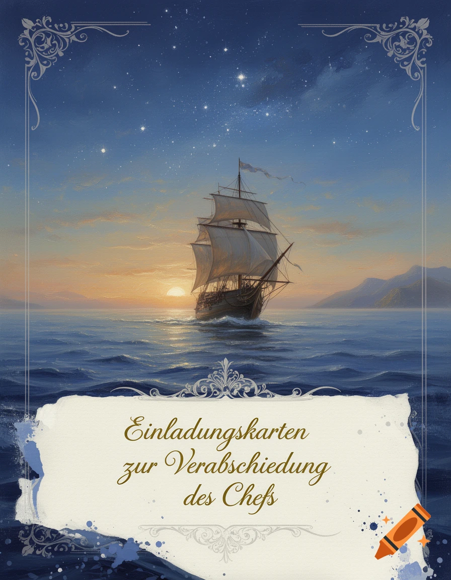 Painting of a sailing ship on the ocean at sunset under a starry sky, with ornate borders. A banner reads "Einladungskarten zur Verabschiedung des Chefs".