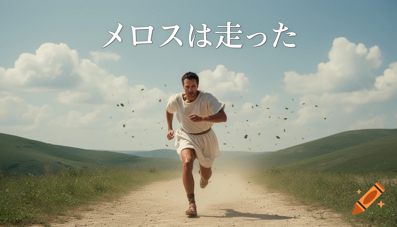A photorealistic image of a man in ancient robes running on a dirt path through green hills. Japanese text 'メロスは走った' above.