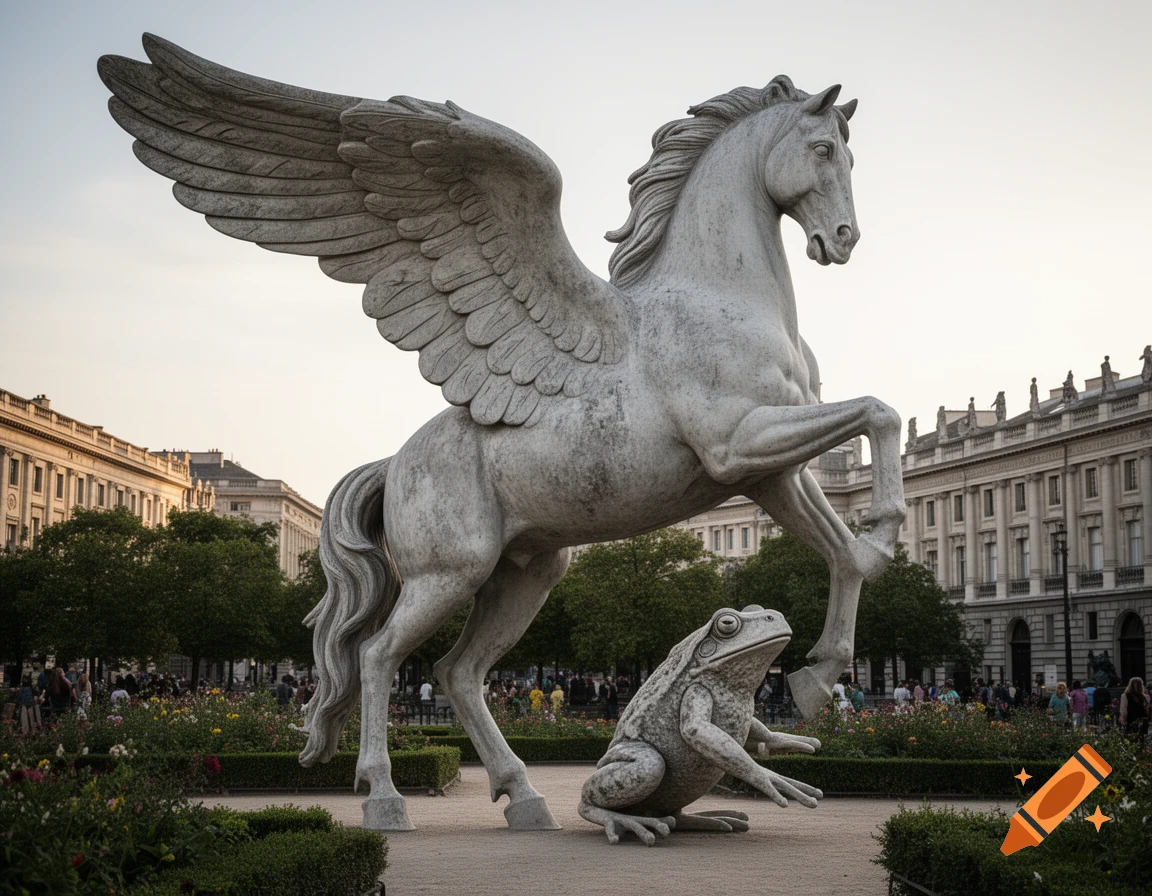 Large photorealistic stone statues of a rearing Pegasus and a frog in an outdoor park setting with classical buildings.