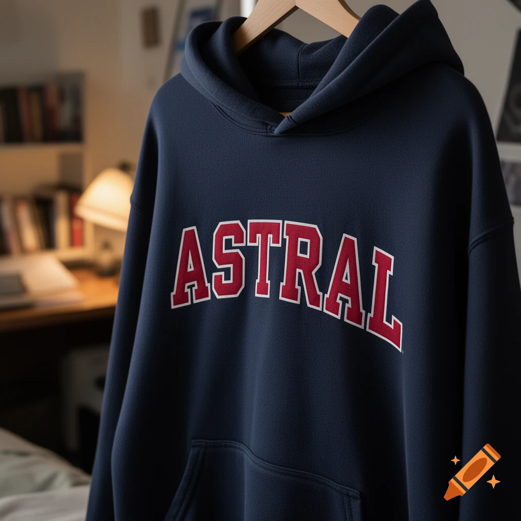 A navy blue hoodie with "ASTRAL" in red and white letters, hanging on a wooden hanger in a room.