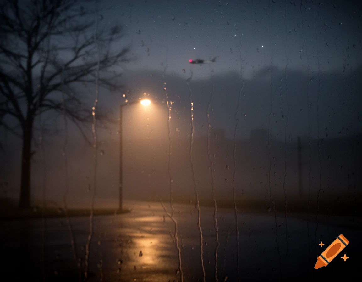 Rainy night street scene viewed through a wet window, with a glowing street light, silhouetted tree, and a distant airplane's red light.