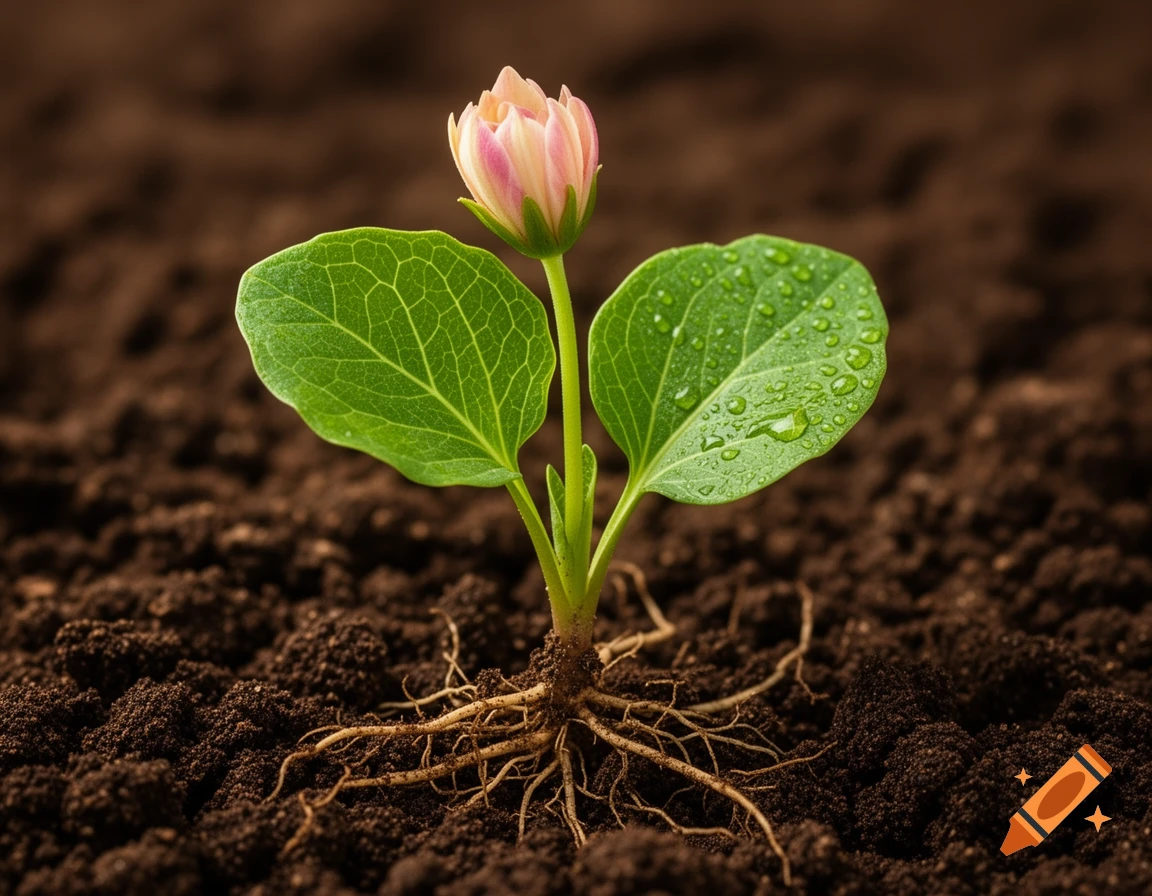 A young plant with a pink flower bud, green leaves, and roots growing in dark brown soil, with water droplets on a leaf.