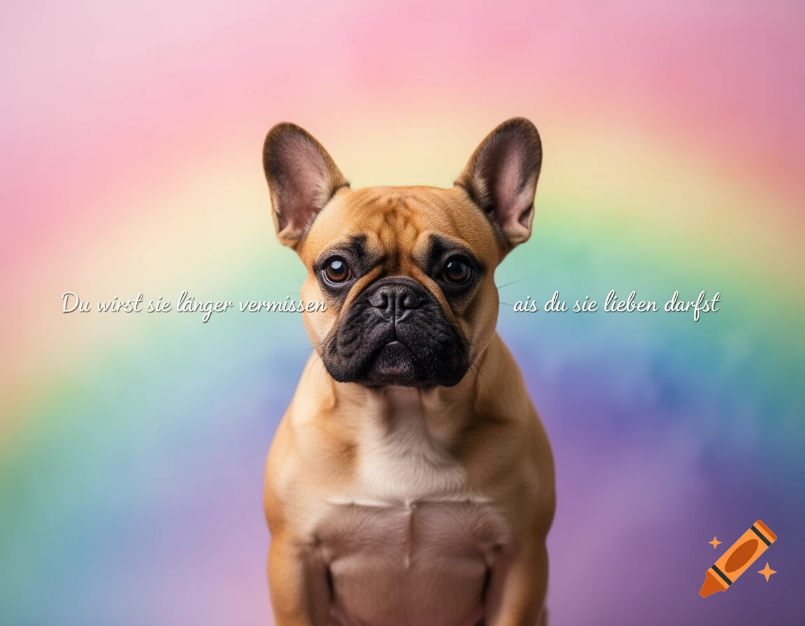 Fawn French bulldog with a serious expression against a rainbow background, with German text about missing someone longer than loving them.