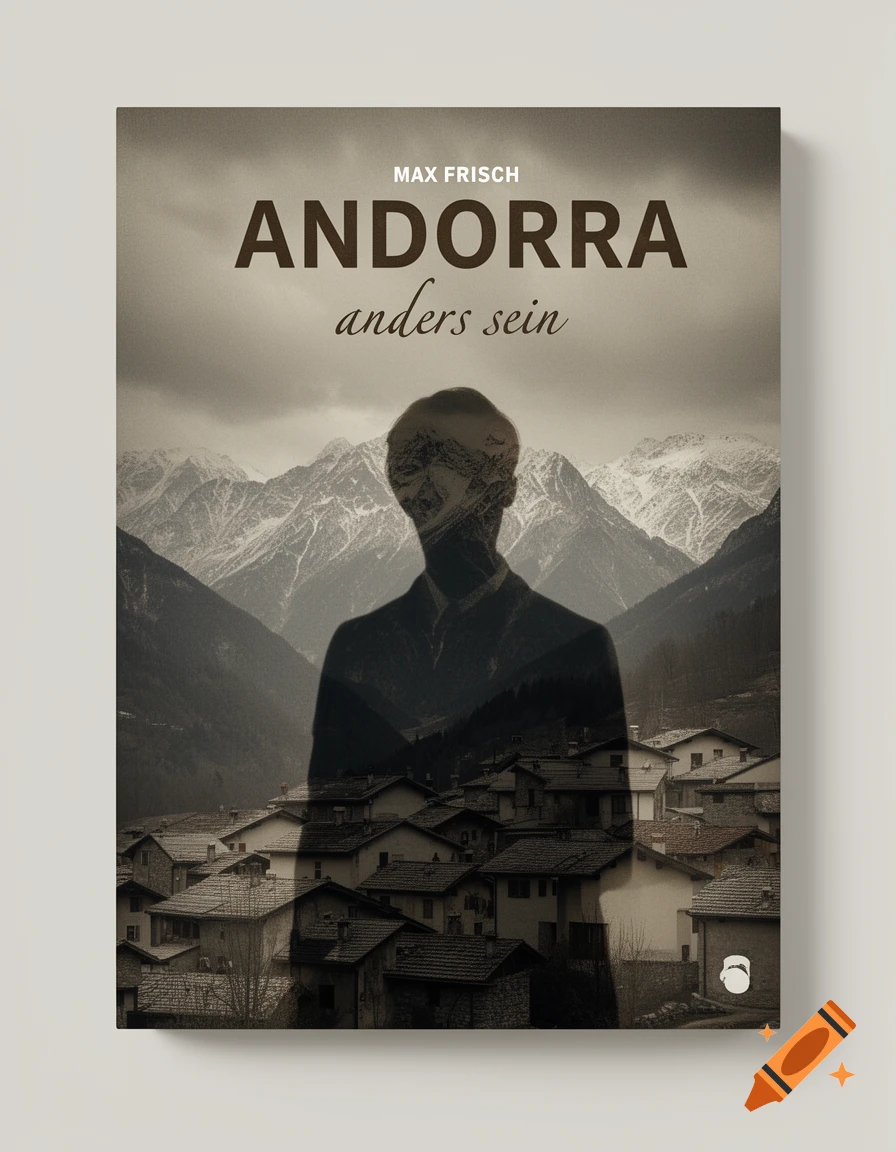 Sepia-toned book cover featuring the silhouette of a man overlaid with a mountain village and peaks, with text 'MAX FRISCH ANDORRA anders sein'.