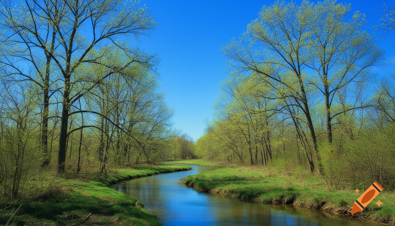A winding river flows through a lush green forest with budding trees under a clear blue sky, in a realistic style.