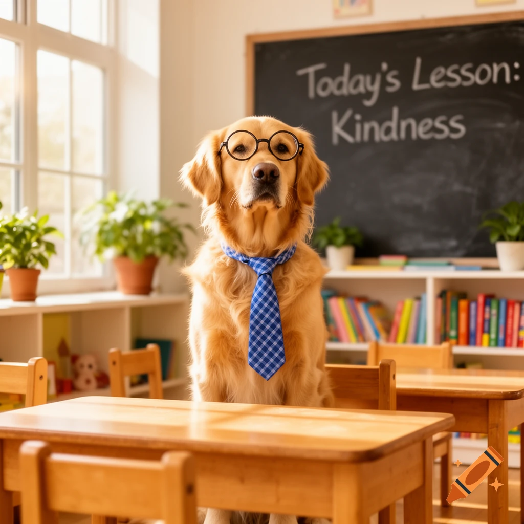 A Golden Retriever wearing glasses and a blue tie sits in a classroom, with "Today's Lesson: Kindness" on the blackboard. Photorealistic.