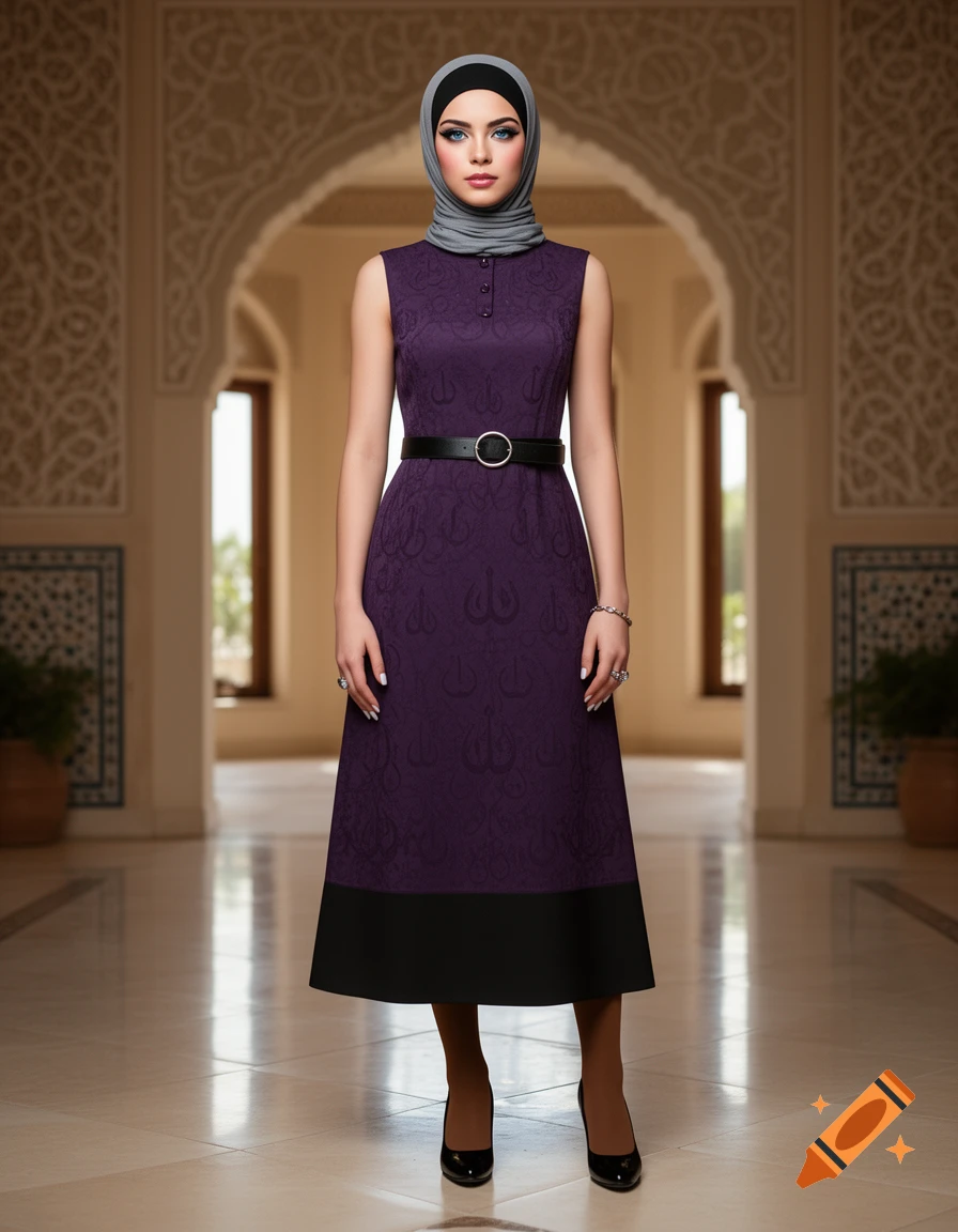 A young Muslim woman in a gray hijab and dark purple dress with a black belt and heels, standing in a grand Middle Eastern villa.