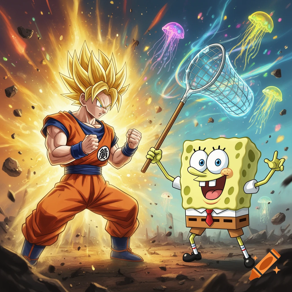 Goku in Super Saiyan form stands ready for battle, facing a cheerful Spongebob Squarepants holding a jellyfish net, vibrant jellyfish float around them.