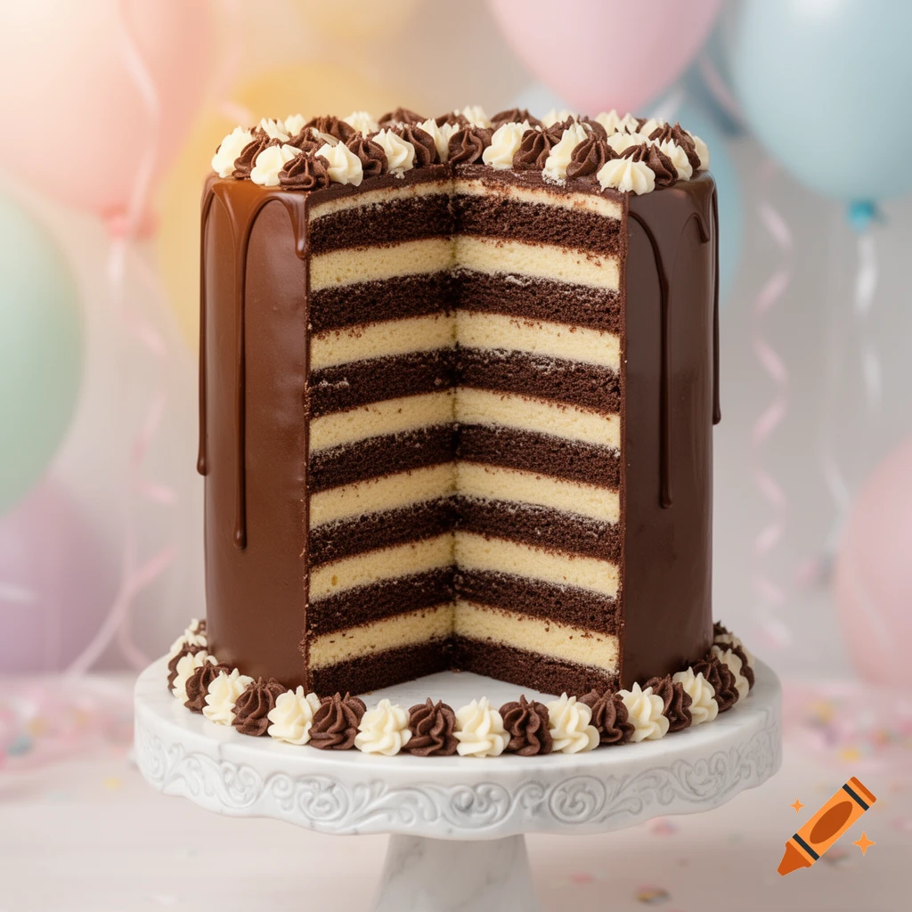 A tall, multi-layered chocolate and vanilla birthday cake with chocolate drip frosting and decorative piping on a white cake stand.