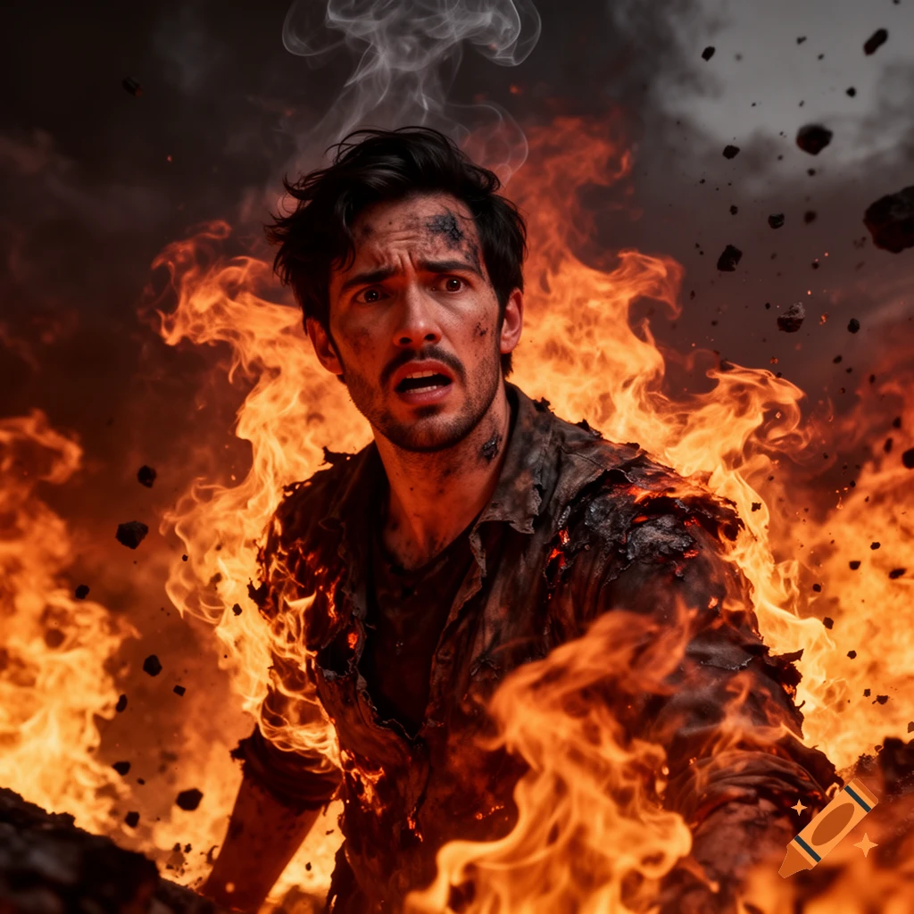 Photorealistic image of a man engulfed in intense flames, smoke, and debris, looking terrified.