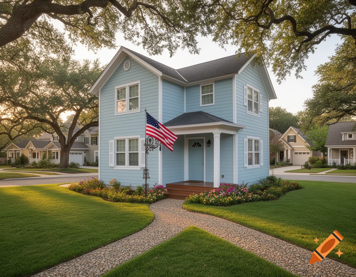 Light blue two-story house with an American flag, pebble path, and green lawn in a sunny suburban neighborhood.