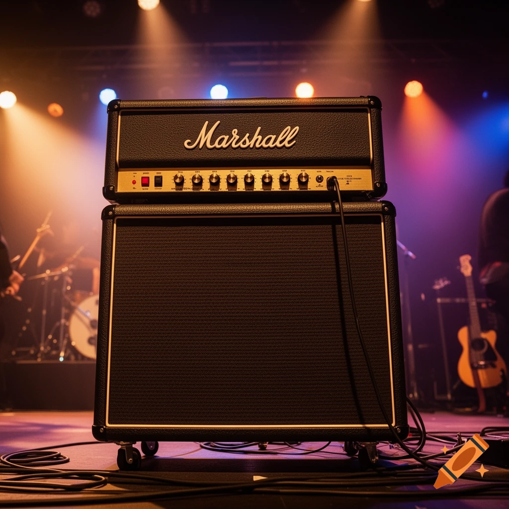 A black Marshall guitar amplifier and speaker cabinet on a stage under colorful spotlights, with other musical instruments in background.