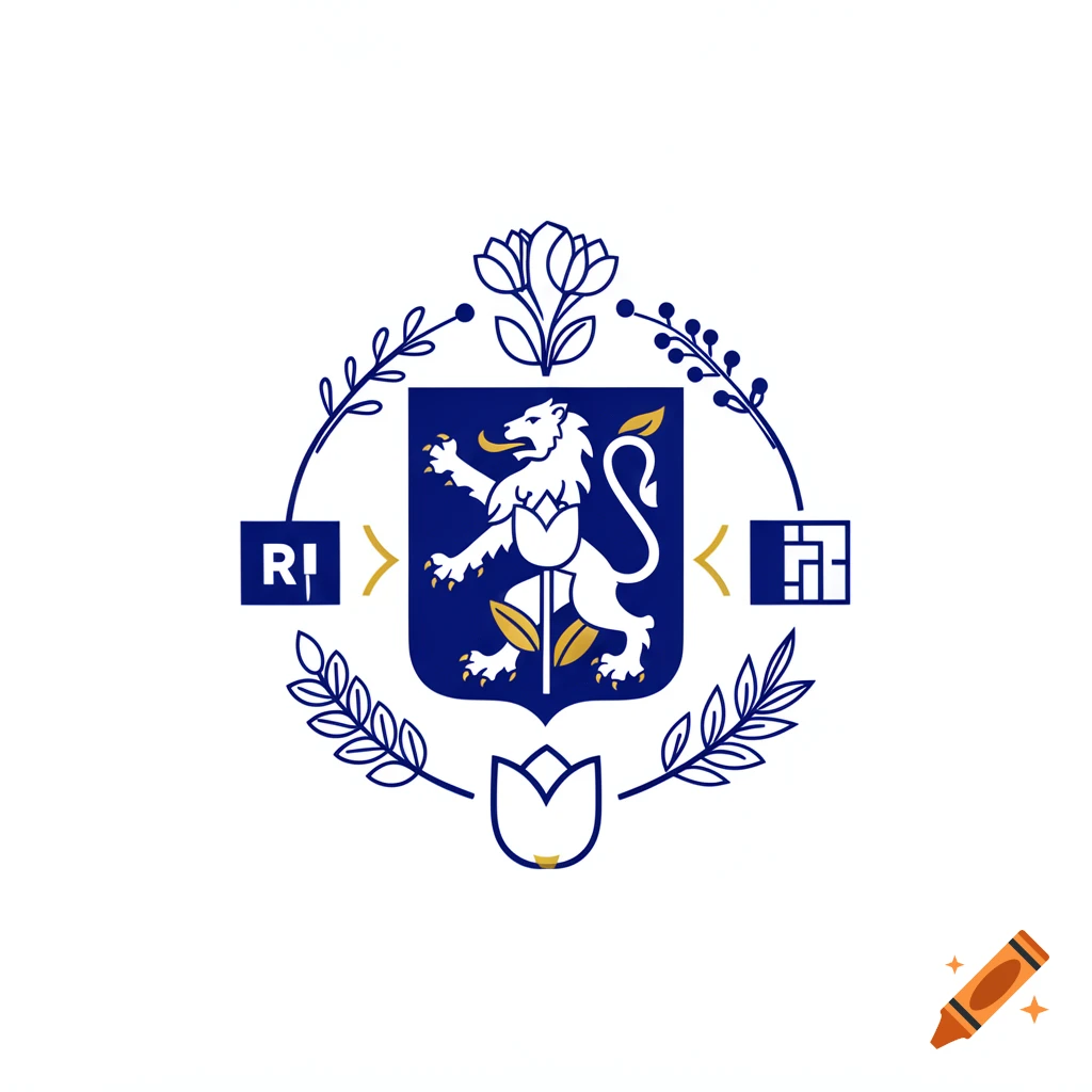 A stylized family crest featuring a white lion on a blue shield, surrounded by a wreath of blue leaves and flowers, with abstract blue and gold symbols on a white background.